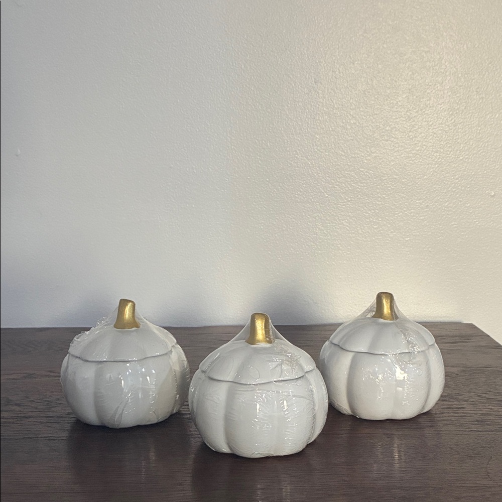 NWT- Set of 3 White Decorative Ceramic Pumpkin Jars with Lids & Gold Stems